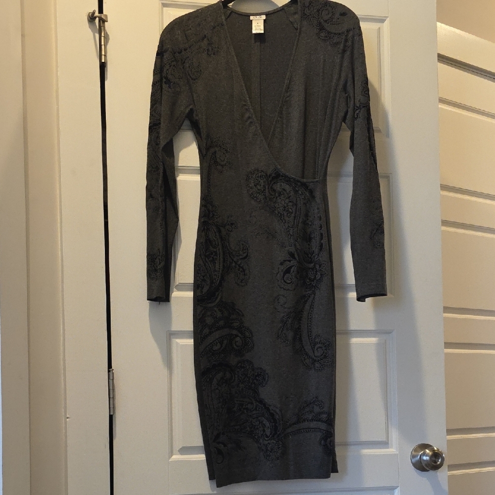 Cache Charcoal Long Sleeve Dress with Paisley Design